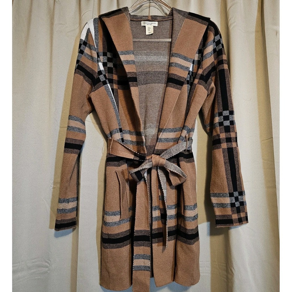 Christian Siriano Hooded Brown Plaid Cardigan Sweater Women's Size Medium - Picture 1 of 9